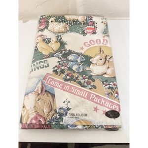 Flair Contemporary Vintage Vinyl Tablecloth 52x70 Oval Farm Animals Bunny Sheep